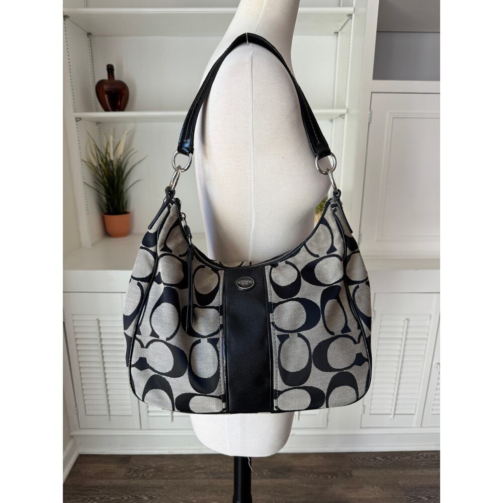 Coach F21873 Black Gray Signature Monogram Stripe Optic C Hobo Shoulder Bag